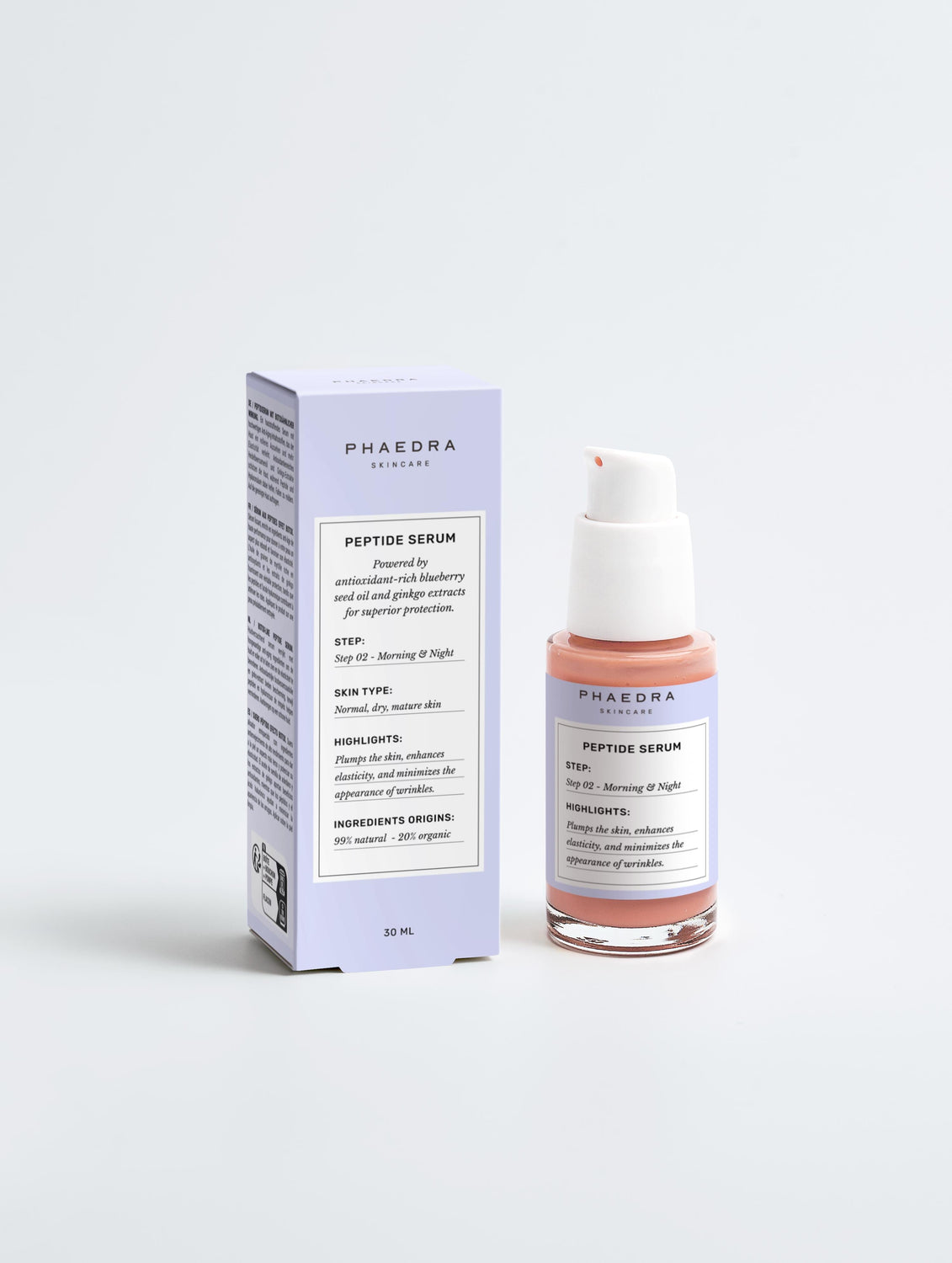 Peptide Serum bottle and packaging, advanced skin smoothing and anti-aging formula.