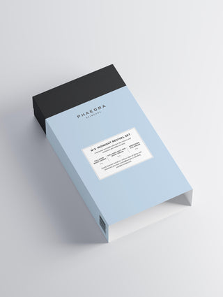 Midnight Revival Set packaging in light blue box with black lid, emphasizing overnight skincare renewal.