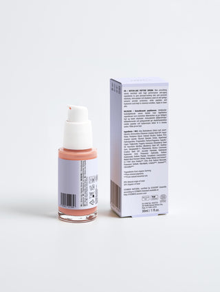 Peptide Serum bottle and box packaging, advanced anti-aging skincare formula, 30ml.