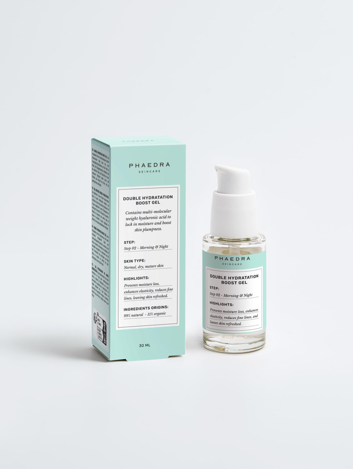 Hydration Gel for Dehydrated Skin bottle and packaging, intense hydration for plump and radiant skin.