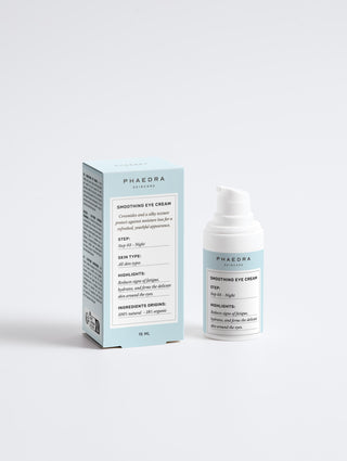 Wrinkle Smoothing Eye Cream packaging with pump bottle and box.