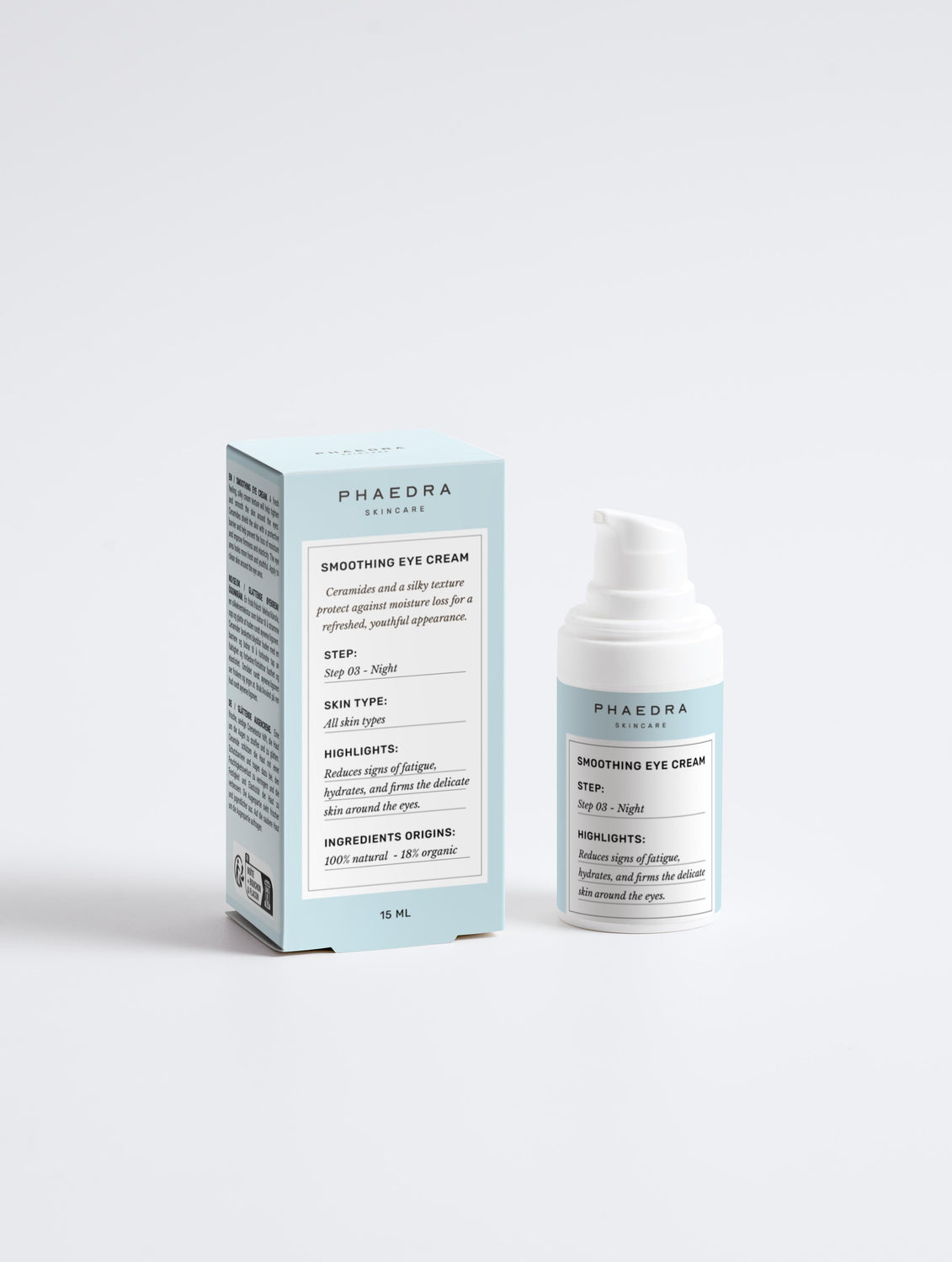 Wrinkle Smoothing Eye Cream packaging with pump bottle and box.